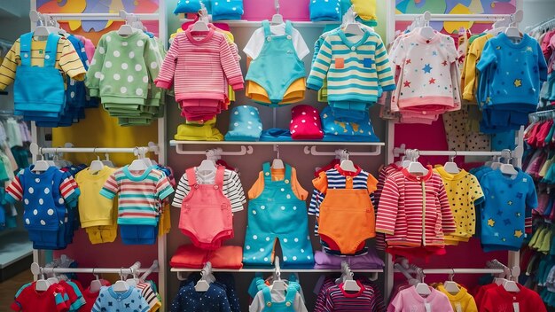 Leuchtende Kinderkleidung hängt auf der Ausstellung in der Jungenabteilung des Babykleidungsgeschäfts