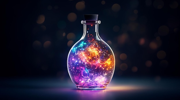 Leuchtende kosmische Fantasy-Flasche, eine fotorealistische Fusion aus Realismus und Fantasie