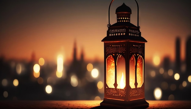 Leuchtende Laterne im Hintergrund mit nächtlicher arabischer Stadt Ramadan Kareem Konzept Generative KI