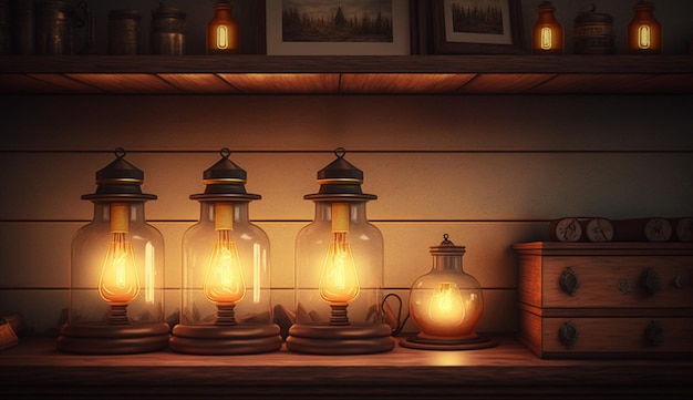 Leuchtende Laterne und Kerze beleuchten rustikalen Holztisch mit generativer KI