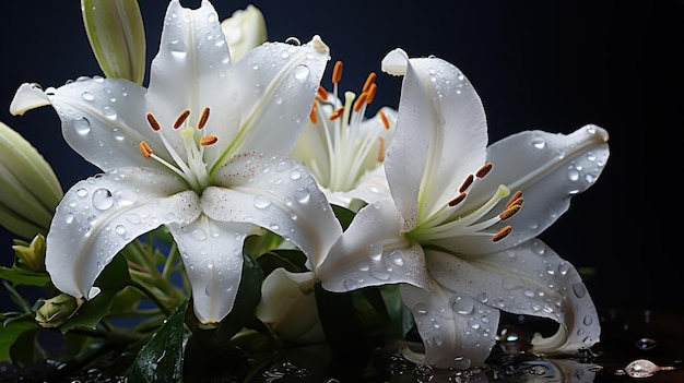 Leuchtende Lilie. Weiße Lilienblütenblätter, beladen mit Tröpfchen, leuchten unter der von der Sonne generierten Sonne