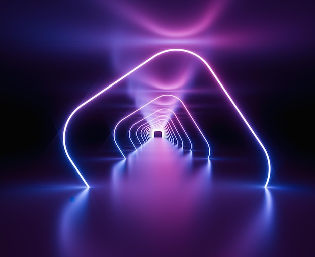 leuchtende Linien, Tunnel, Neonlichter, virtuelle Realität, abstrakter Hintergrund, quadratisches Portal, Bogen, leuchtende Farben des rosafarbenen blauen Spektrums, Lasershow