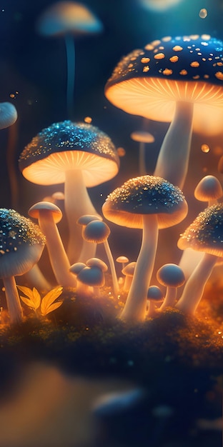 Leuchtende mystische Pilze auf dunklem Hintergrund