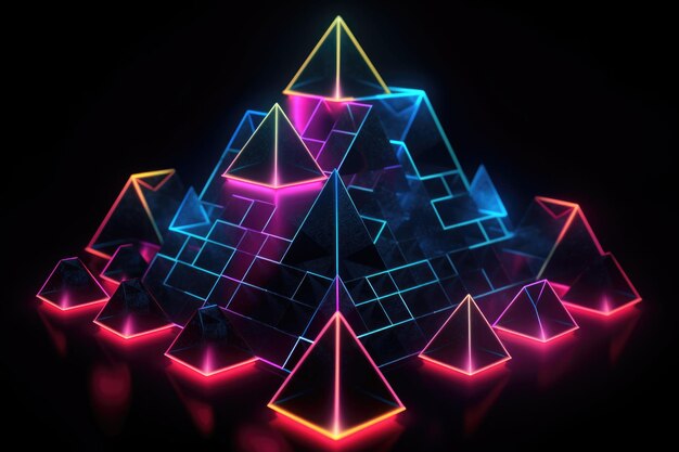 Leuchtende Neon-Geometrieformen auf einem dunklen Hintergrund, die mit generativer AI erstellt wurden