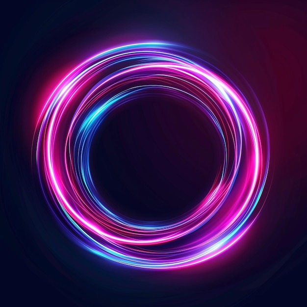 Leuchtende neonrosa und blaue kreisförmige Lichtspuren auf dunklem Hintergrund für futuristische und Hightech