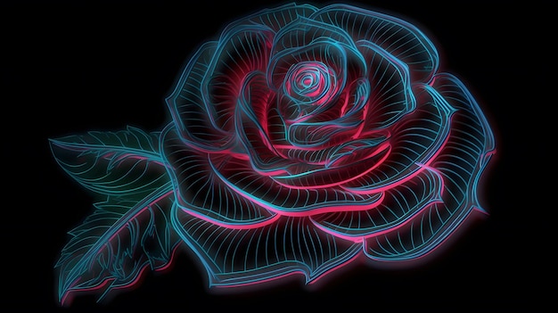 Leuchtende Neonrosen in digitaler 3D-Kunst auf schwarzem Hintergrund mit Anaglyphenbeleuchtung und stilisierten Umrissen