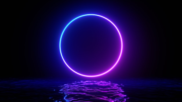 Leuchtende neonviolette Kreisringlinie mit Reflexionen auf Wasser, Lichtern, Wellen abstrakter Vintage-Hintergrund, Ultraviolett, spektral leuchtende Farben, Lasershow. 3D-Render-Darstellung