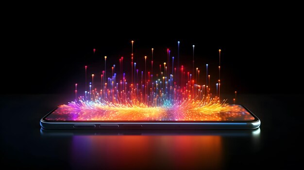 Leuchtende Neonwelle und Linie in 3D auf dem Smartphone. Futuristische Technologie und Innovationshintergrund, generative KI