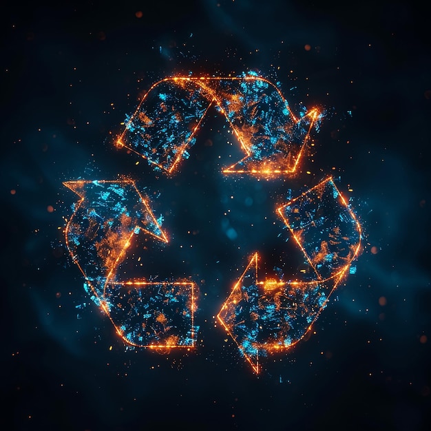 Leuchtende niedrige polygonale Recycle-Zeichen-Symbolen verbundene Linien Sterne Dreiecke auf dunkelblau