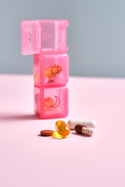 Leuchtende Pillenbox mit verschiedenen Pillen und Vitaminen