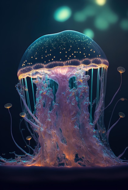 Leuchtende Quallen schwimmen tief im blauen Meer Medusa Neon Quallen Fantasie im Weltraum Kosmos Wasser 3D-Illustration