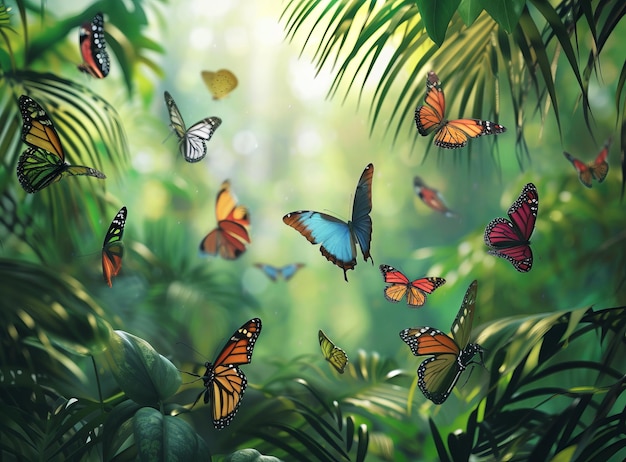Leuchtende Schmetterlinge fliegen über grünen Blättern in einem sonnigen Garten, eine Nahaufnahme farbenfroher Flügel und natürlicher Schönheit in der Mitte ist ein Schmetterling mit Gobula-Krill