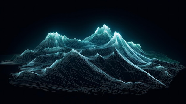 Leuchtende topografische große Berge, Berge und Hügel im Neonlicht