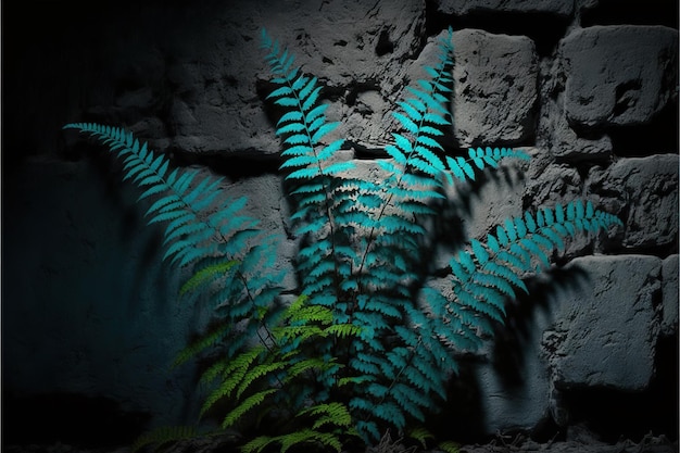 Leuchtende türkisfarbene Farne wachsen vor einer grauen Steinmauer, die mit generativer KI erstellt wurde