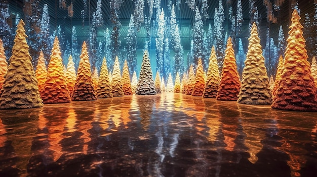 Leuchtende Weihnachtsbäume als Panoramahintergrund Generative KI