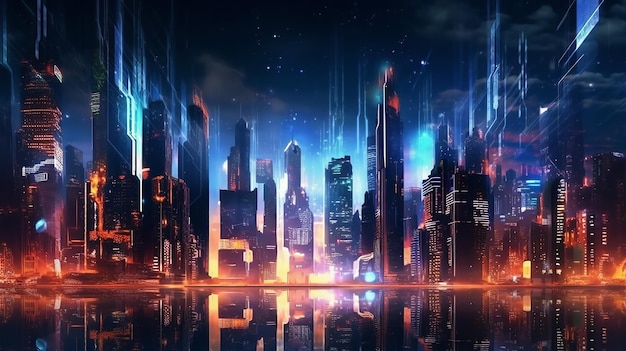 Leuchtende Wolkenkratzer erhellen das futuristische Stadtbild im nächtlichen Hintergrund
