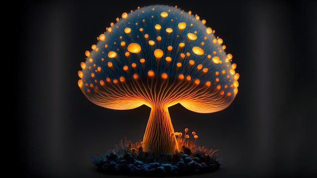Leuchtender magischer Pilz auf schwarzem Hintergrund, neuronales Netzwerk generierte Kunst