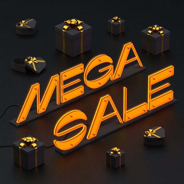 Leuchtender Schriftzug MEGA SALE mit Geschenkboxen auf Schwarz.