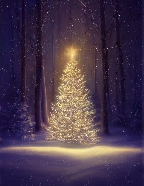 Leuchtender Weihnachtsbaum im Winterwald Vertikales 3D-Digitalbild