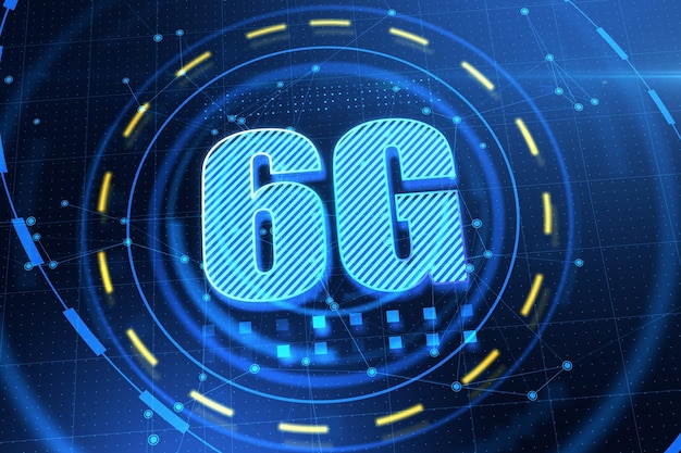 Leuchtendes 6G-Hologramm auf blauem Hintergrund Innovation Zukunftstechnologie Internet und Geschwindigkeitskonzept 3D-Rendering