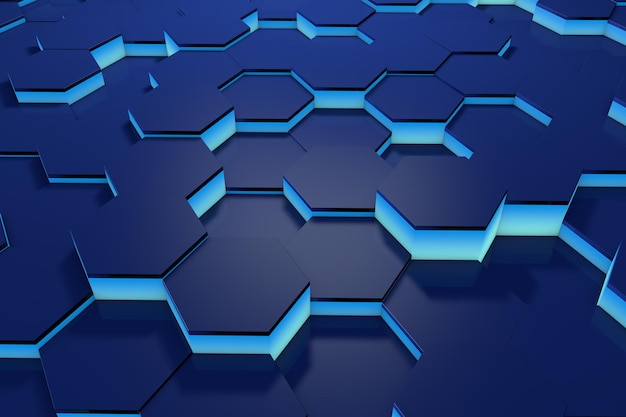 Leuchtendes blaues Hexagonmuster Hintergrund 3D-Rendering