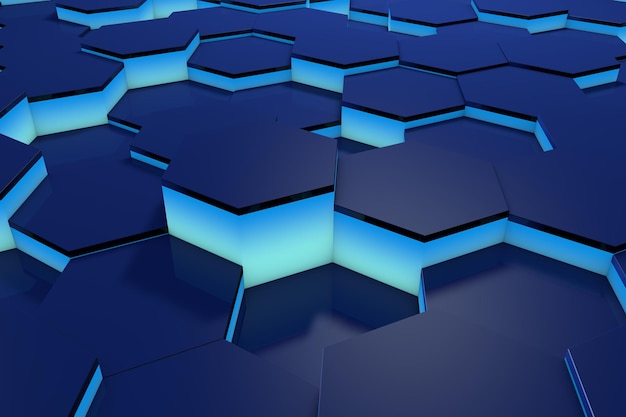 Leuchtendes blaues Hexagonmuster Hintergrund 3D-Rendering