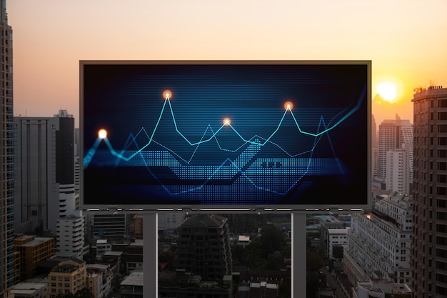 Leuchtendes FOREX-Graph-Hologramm auf Billboard-Panorama-Stadtbild von Bangkok bei Sonnenuntergang Aktien- und Anleihenhandel in Südostasien Das Konzept der Fondsverwaltung