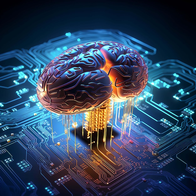 Leuchtendes, komplexes Cyborg-Gehirndesign für Leiterplatten, das von KI generiert wird