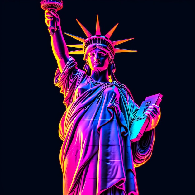 Leuchtendes Liberty Neon Silhouette Design der Freiheitsstatue im Neonpunk-Stil