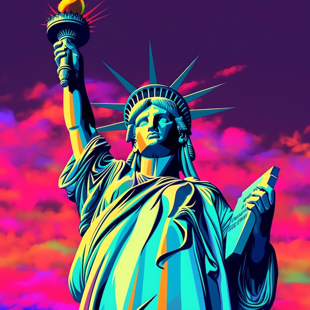 Leuchtendes Liberty Neon Silhouette Design der Freiheitsstatue im Neonpunk-Stil