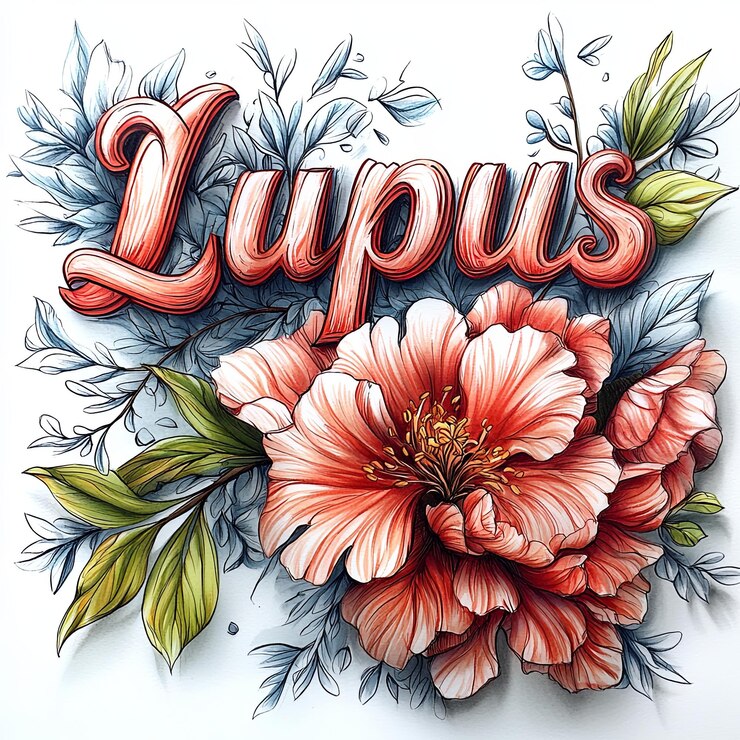 Foto leuchtendes lupus-bewusstsein blumendesign mit roter blume in der mitte