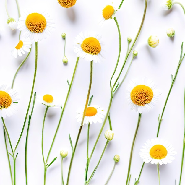 Leuchtendes Muster von Kamille-Daisy-Blumenknospen und Stängeln auf weißem Hintergrund Ästhetischer Sommerblumen-Textur-Hintergrund