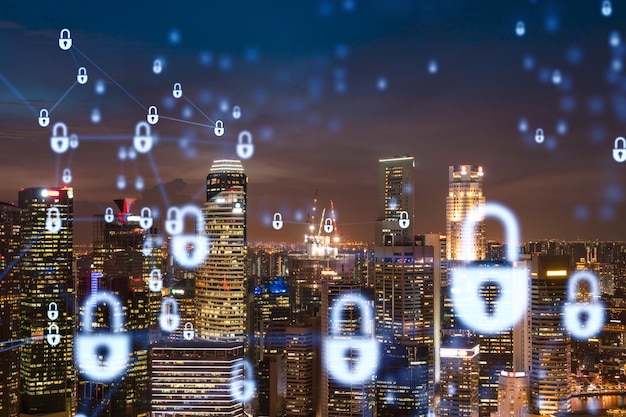 Leuchtendes Vorhängeschloss Hologramm Nacht Panoramablick auf die Stadt Singapur Asien Das Konzept der Cybersicherheit zum Schutz von Unternehmen Doppelbelichtung