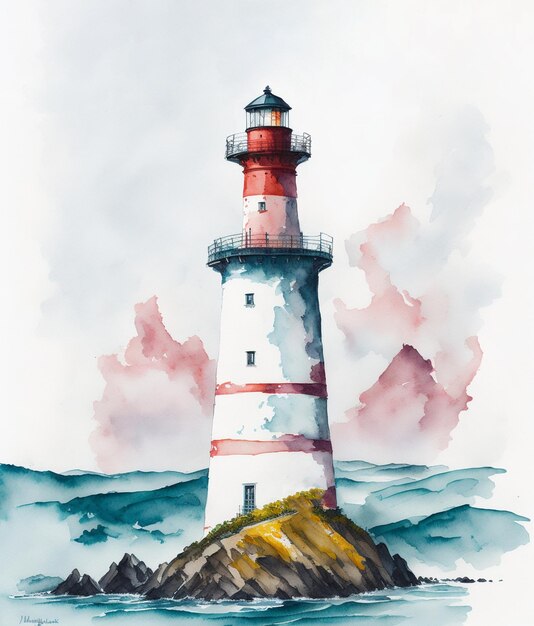 Foto leuchtturm am meer aquarell-illustration