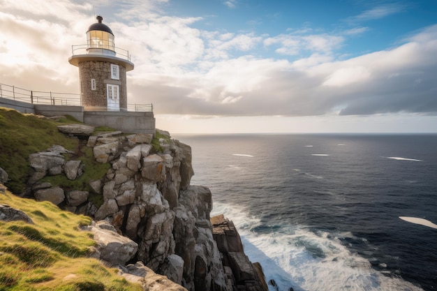 Leuchtturm auf einer Klippe, umgeben von malerischen Ausblicken auf das Meer und die Küste, die mit generativer KI erstellt wurden