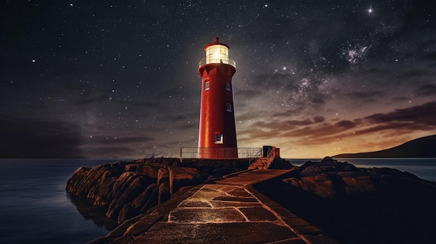 Leuchtturm bei Nacht in der Nähe des Meeres