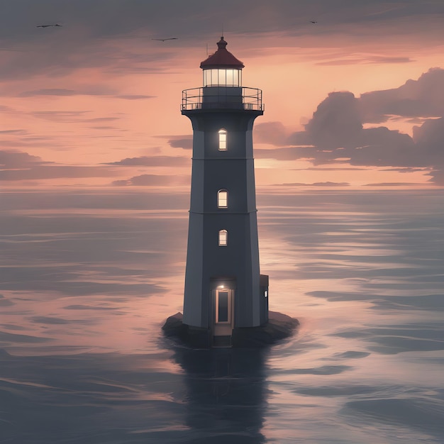 Leuchtturm im Meer bei Sonnenuntergang 3D-Renderdarstellung Generative KI