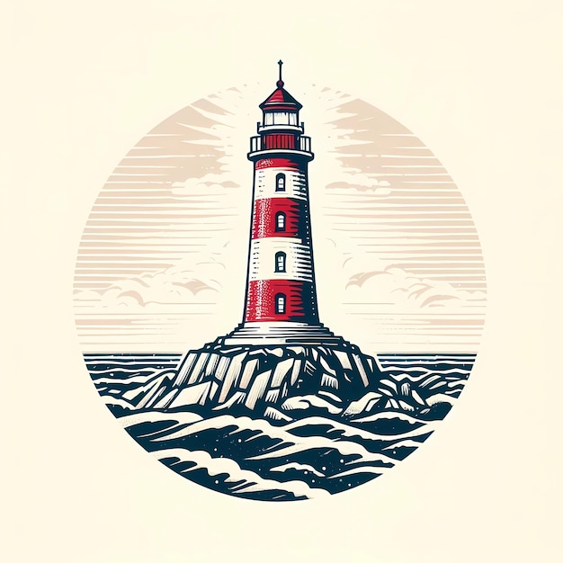 Leuchtturm im Meer Handgezeichnete Vektorillustration im Retrostil