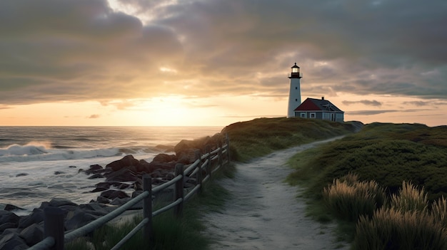 Foto leuchtturm mit blick auf den ozean bei sonnenuntergang