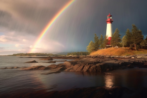 Leuchtturm mit Regenbogen nach einem Regensturm, der mit generativer AI erstellt wurde