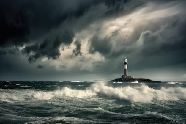 Foto leuchtturm umgeben von stürmischer see und dramatischem himmel