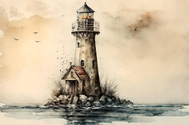 Leuchtturmzeichnung Seascape-Bild Retro-Poster Kreative Illustration eines gemalten Turms mit Haus in der Nähe der Meeresküste Beige verschwommenes Landschaftsdesign