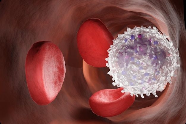Leukozyten weiße Blutkörperchen in der Vene Schutz vor Viren und Bakterien Das Konzept von Wissenschaft und Medizin Ansicht von Neutrophilen unter dem Mikroskop 3D-Rendering