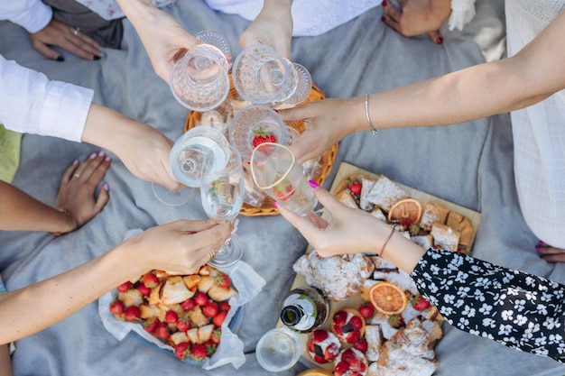 Leute, die beim Sommerpicknick mit Wein anstoßen