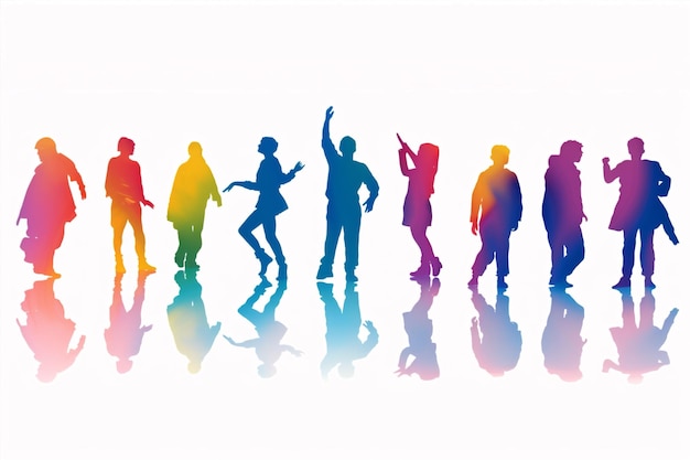 Leute feiern, Kinder freuen sich, Disco-Design-Gruppe, Silhouetten, Schatten, Spaß, Hintergrund, Tanz, bunte Farben.