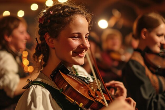 Foto leute lächeln, während sie lieder bei einem traditionellen deutschen tanz spielen