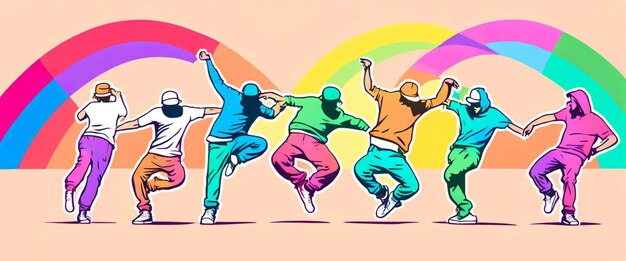 Leute tanzen Breakdance Banner Illustration Regenbogenfarben