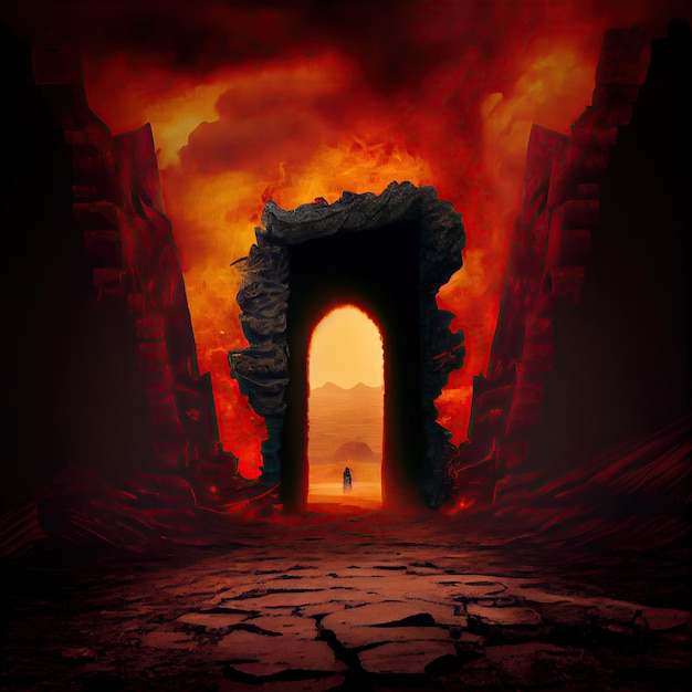 Foto levando a uma terrível boca do inferno em chamas com o portão do inferno