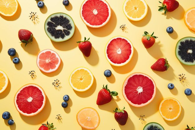 Levantamento plano de frutas mistas de verão em um padrão geométrico em fundo pastel