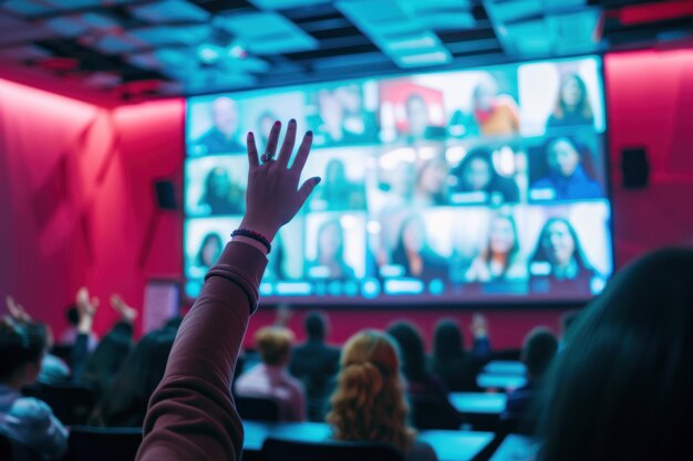 Un levantamiento de la mano en la sala de conferencias para hacer preguntas al presentador La sala de reuniones